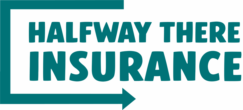 Halfway There Insurance promotional hero image featuring a blurred background image of an office setting, and two characters playing the role of insurance agents for their company. The Halfway There Insurance logo is displayed on the left side of the image, with a quote reading "We'll Give It A Shot" positioned underneath the logo. A call to action button is displayed at the bottom of the image that reads "Quote Me"
